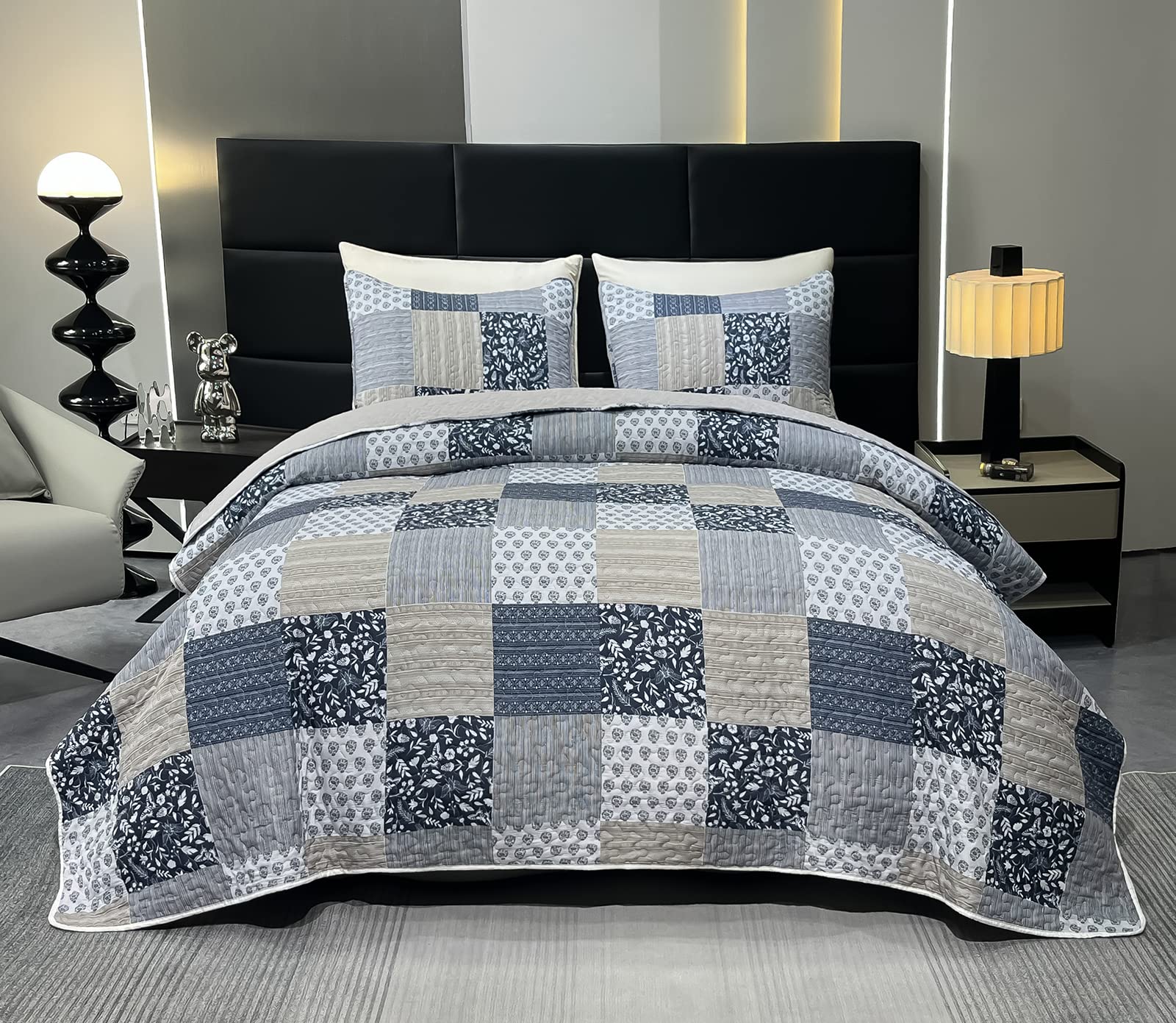 Navy Blue Gray Oversized King Bedspread Set 128X120 Extra Wide, 3 Piece Quilt Set Patchwork Plaid Bedding Set Quilted Bedspread
